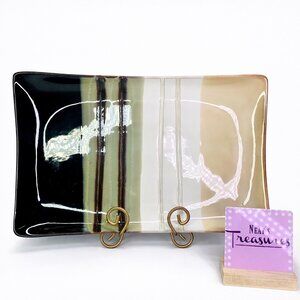 Home Trends JAZZ Textured Green Brown Stripe Stoneware Rectangle Serving Platter